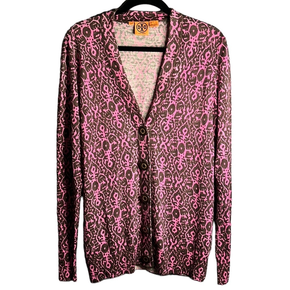 TORY Burch Pink and Brown Print Buttoned Long Sleeve Cardigan Size XL
